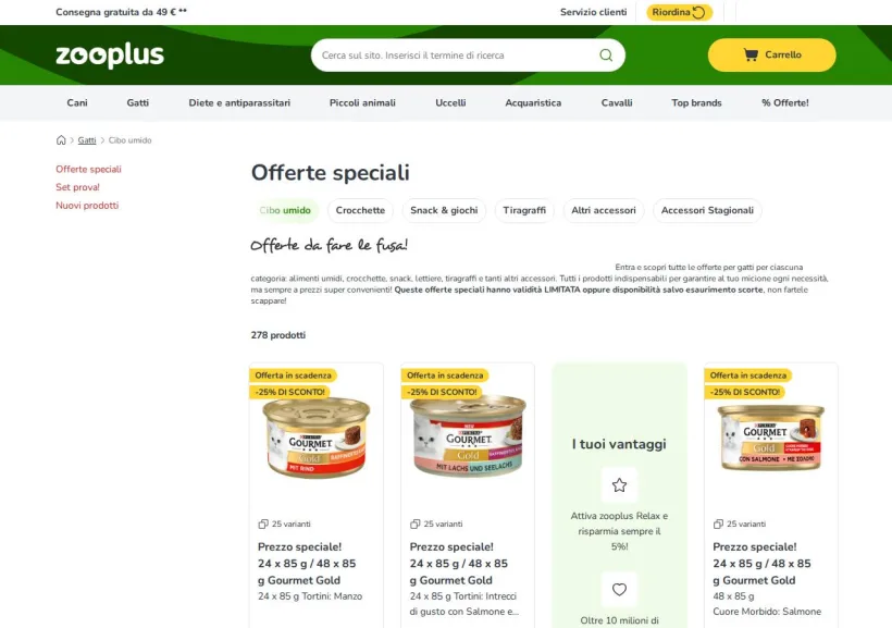 Schermata della pagina offerta di Zooplus