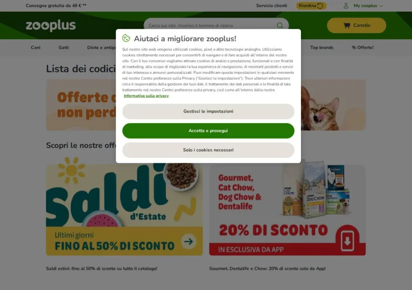 Schermata della pagina offerta di Zooplus