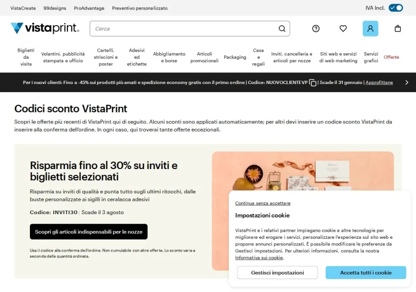 Schermata della pagina offerta di Vistaprint