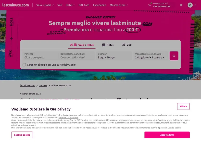 Schermata della pagina offerta di Lastminute.com
