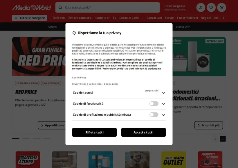 Schermata della pagina offerta di Mediaworld