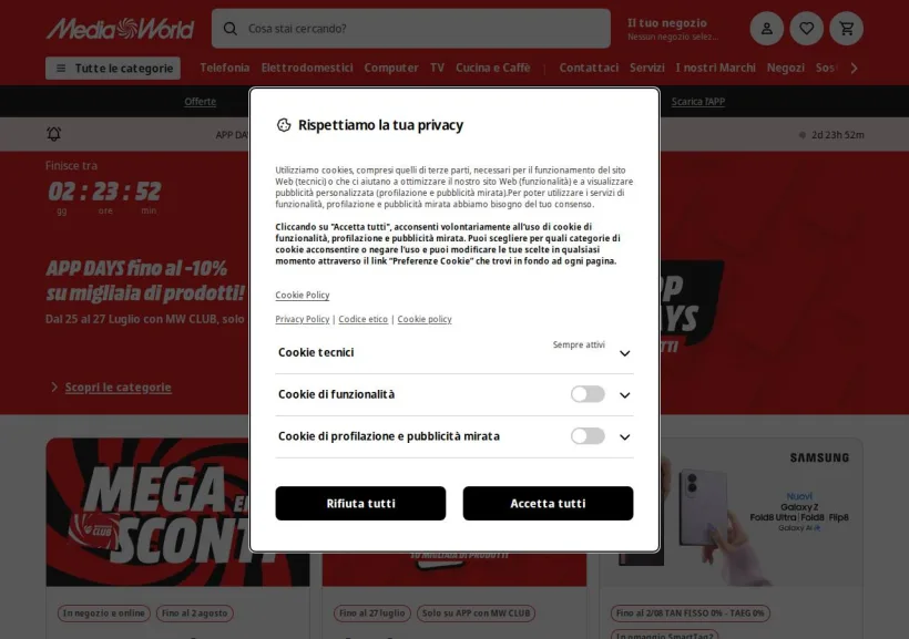 Schermata della pagina offerta di Mediaworld