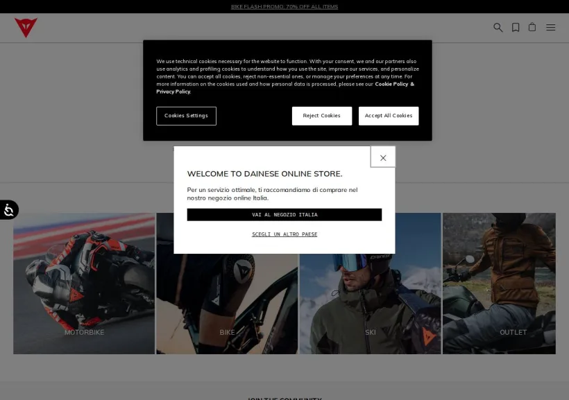 Schermata della pagina offerta di Dainese