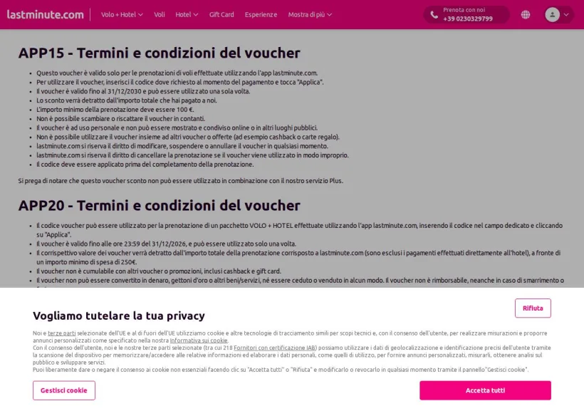 Schermata della pagina offerta di Lastminute.com