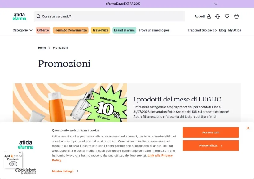 Schermata della pagina offerta di eFarma