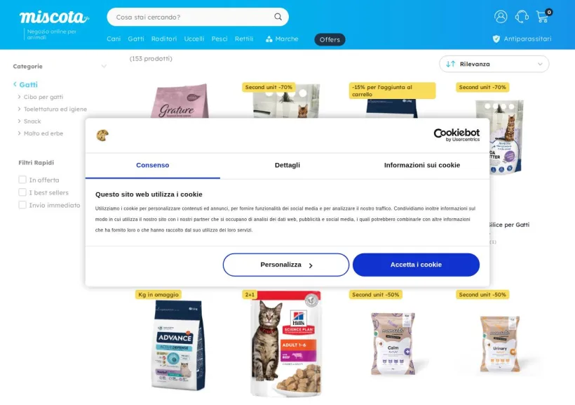 Schermata della pagina offerta di Miscota