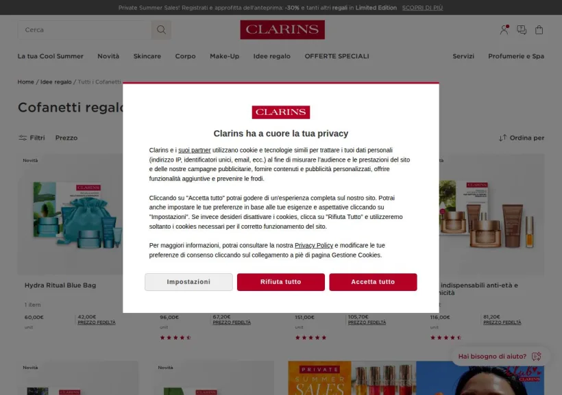 Schermata della pagina offerta di Clarins