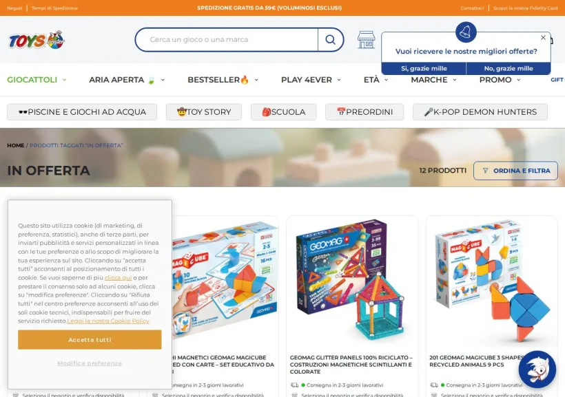 Schermata della pagina offerta di Toys Center