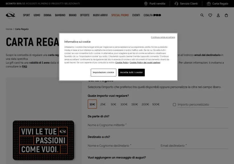 Schermata della pagina offerta di Cisalfa
