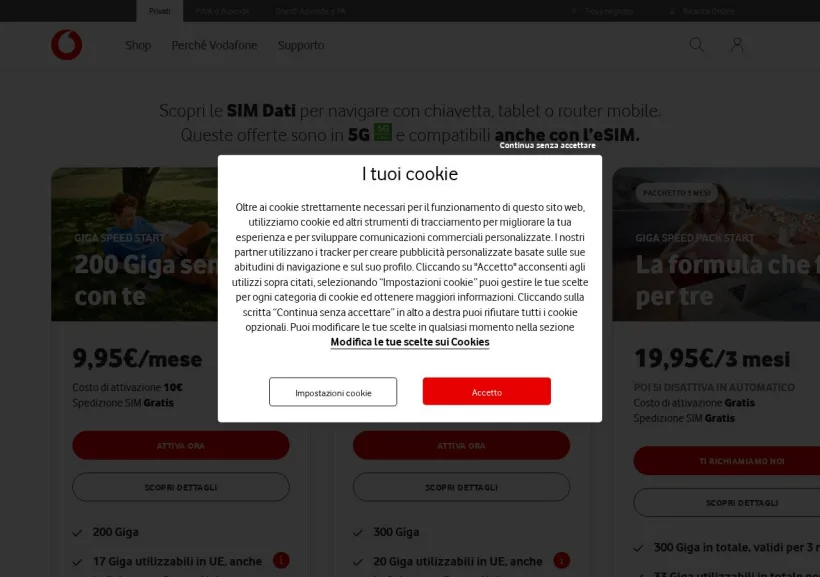 Schermata della pagina offerta di Vodafone