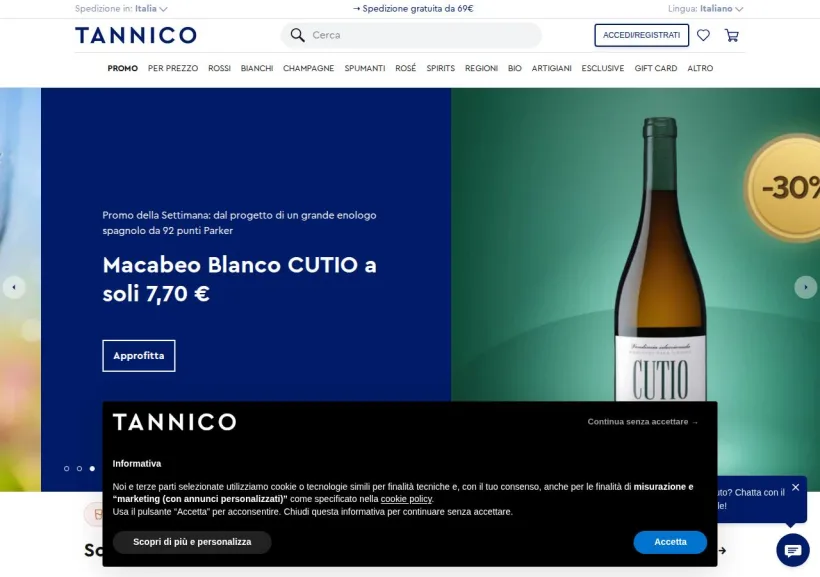 Schermata della pagina offerta di Tannico