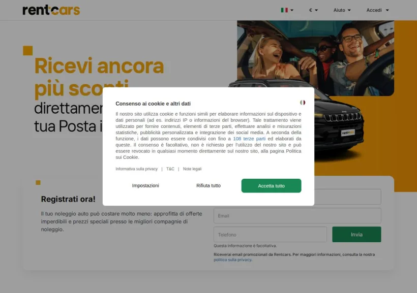 Schermata della pagina offerta di Rent Cars