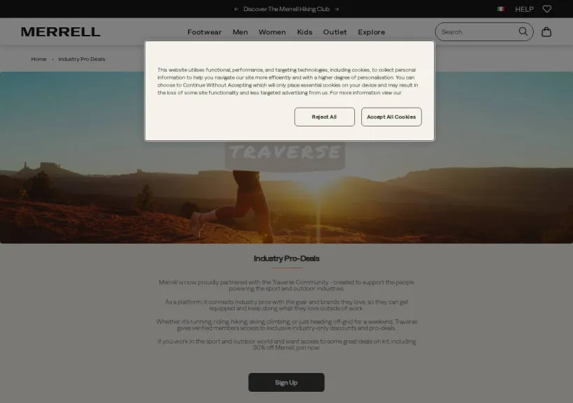 Schermata della pagina offerta di Merrell