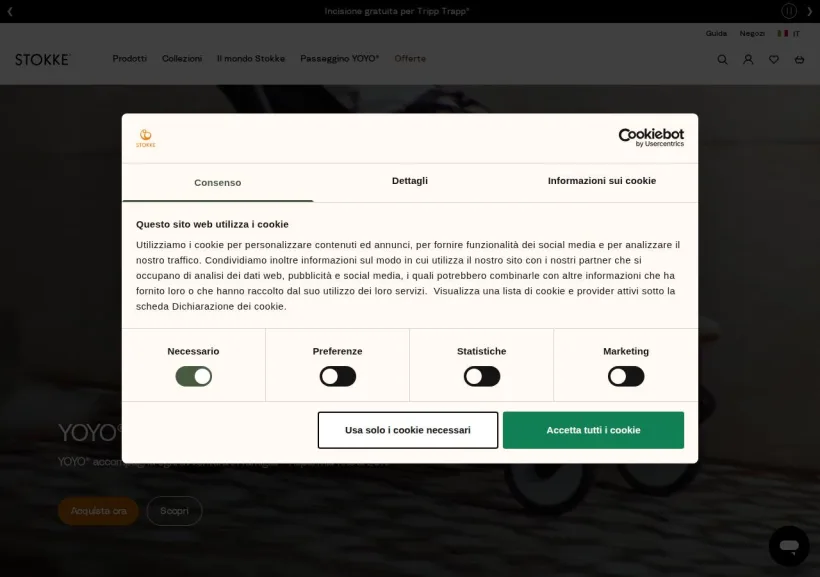 Schermata della pagina offerta di Stokke