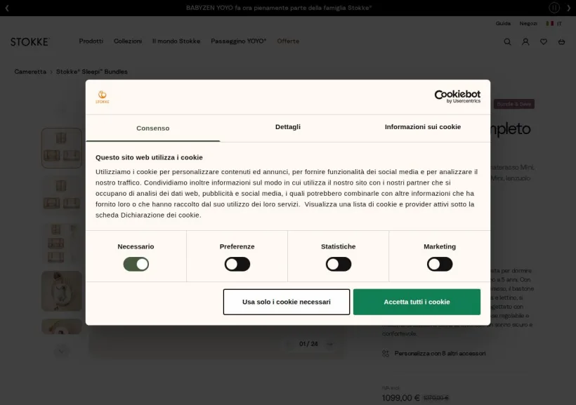 Schermata della pagina offerta di Stokke