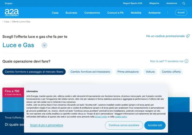 Schermata della pagina offerta di A2A Energia