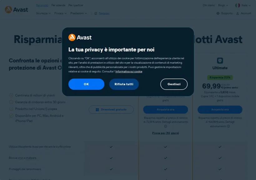 Schermata della pagina offerta di Avast