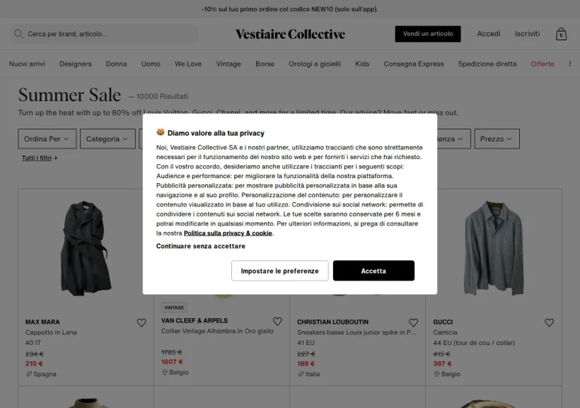 Schermata della pagina offerta di Vestiaire Collective