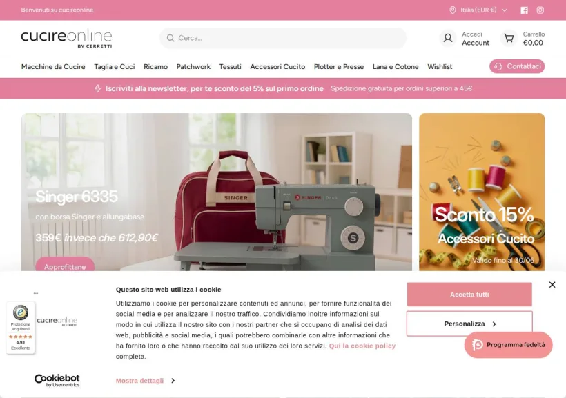 Schermata della pagina offerta di Cucire Online