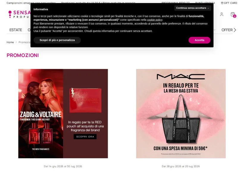 Schermata della pagina offerta di SensationProfumerie