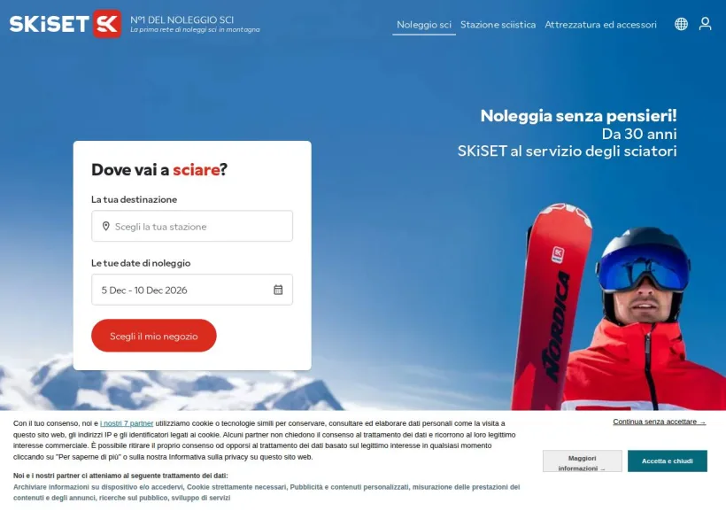 Schermata della pagina offerta di Skiset