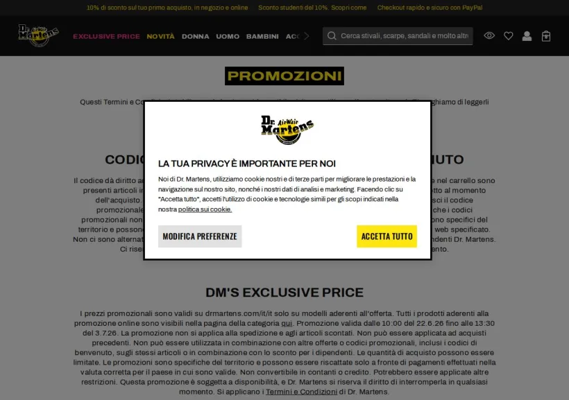 Schermata della pagina offerta di Dr Martens