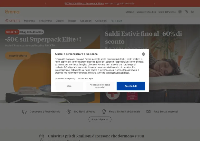 Schermata della pagina offerta di Emma Mattress