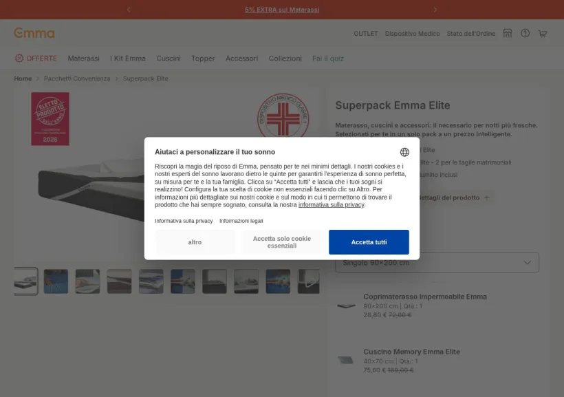 Schermata della pagina offerta di Emma Mattress