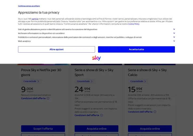 Schermata della pagina offerta di Sky Wifi