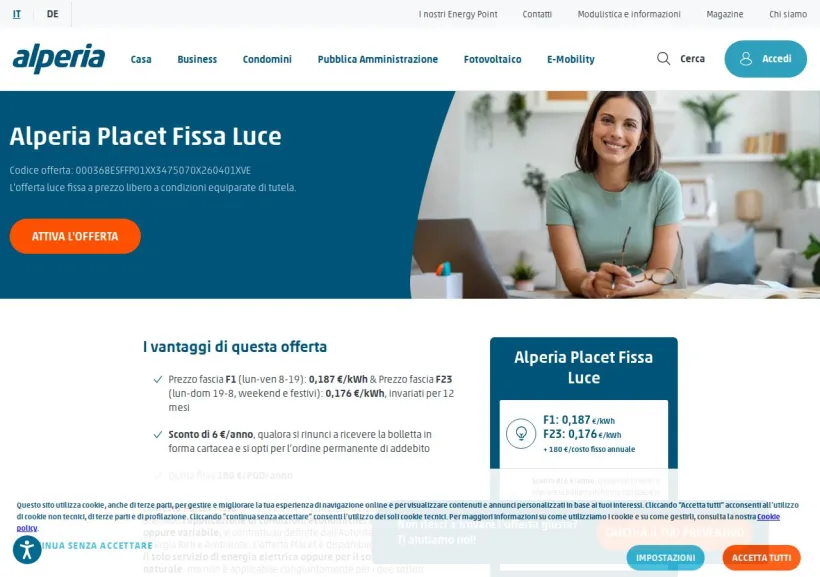 Schermata della pagina offerta di Alperia