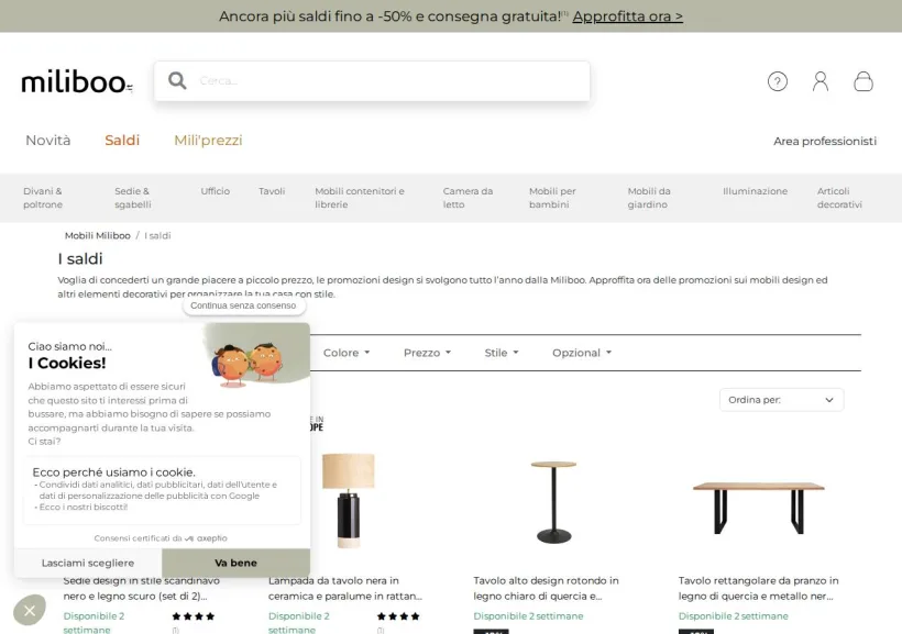 Schermata della pagina offerta di Miliboo