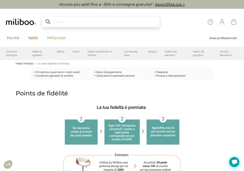 Schermata della pagina offerta di Miliboo