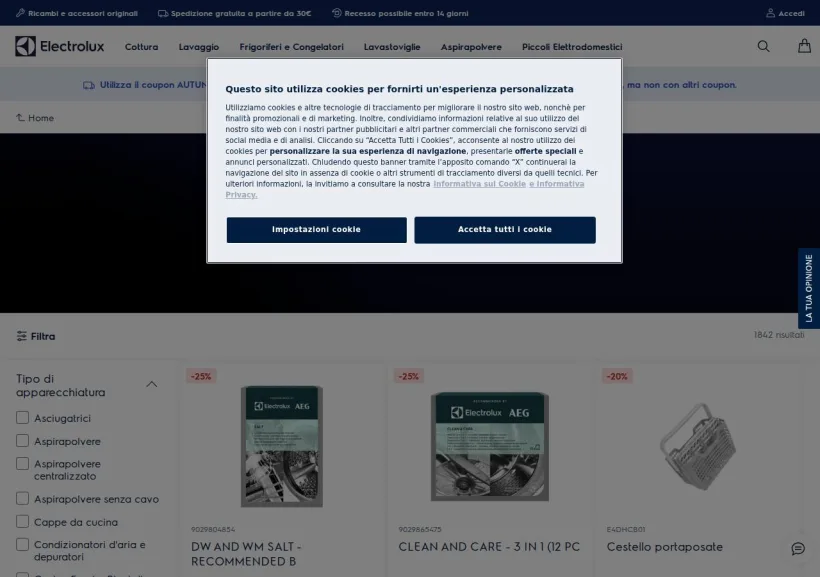 Schermata della pagina offerta di Shop Electrolux