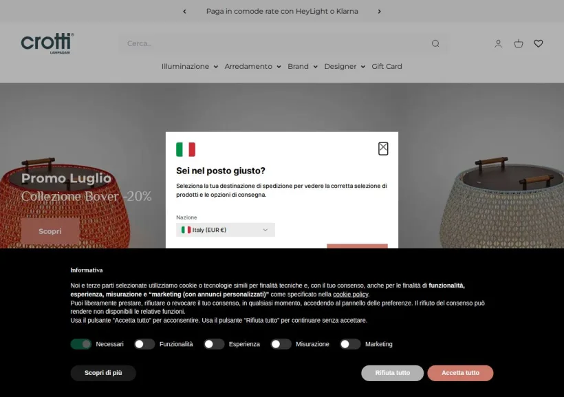 Schermata della pagina offerta di Crotti Lampadari