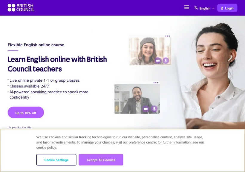 Schermata della pagina offerta di British Council