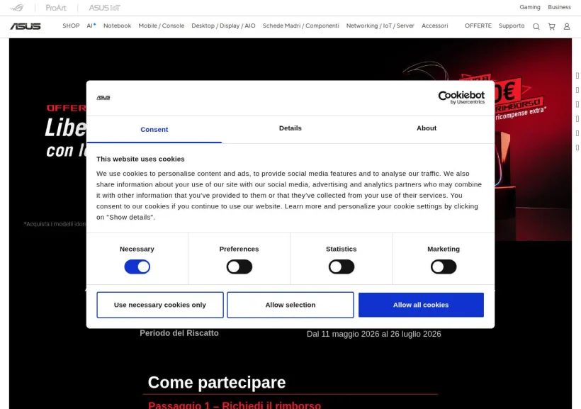 Schermata della pagina offerta di Asus