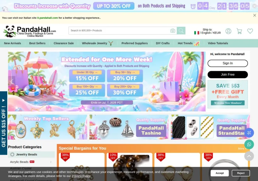 Schermata della pagina offerta di PandaHall