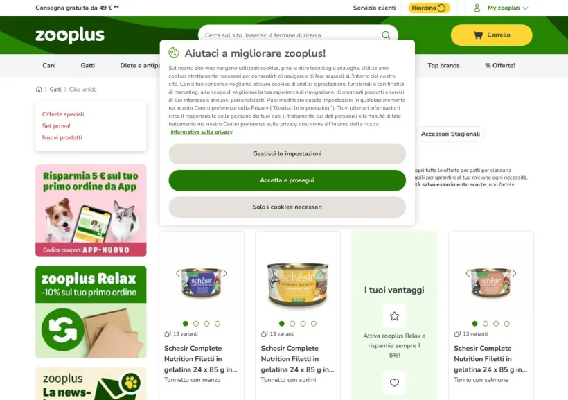 Schermata della pagina offerta di Zooplus