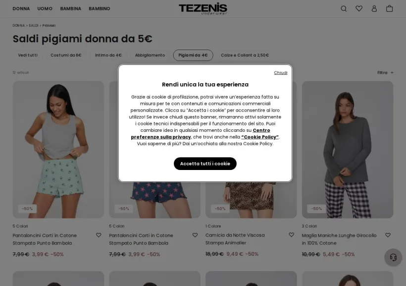 Schermata della pagina offerta di Tezenis