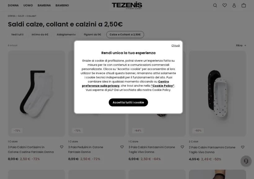 Schermata della pagina offerta di Tezenis