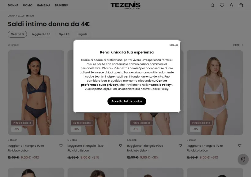 Schermata della pagina offerta di Tezenis