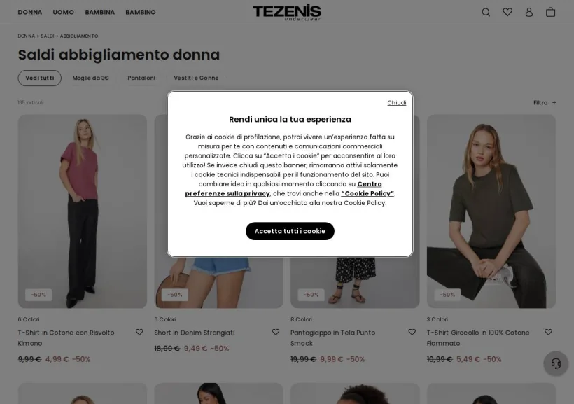 Schermata della pagina offerta di Tezenis