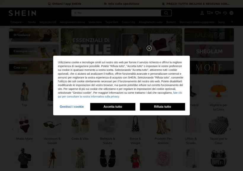 Schermata della pagina offerta di Shein