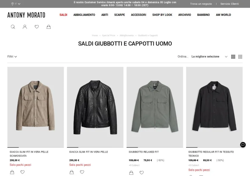 Schermata della pagina offerta di Antony Morato