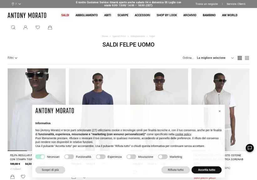 Schermata della pagina offerta di Antony Morato