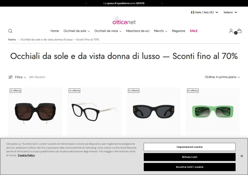 Schermata della pagina offerta di Otticanet