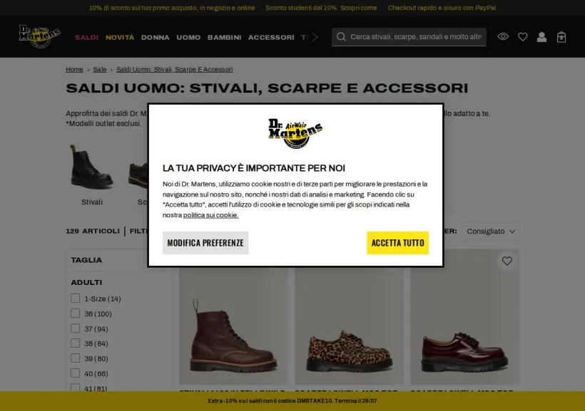Schermata della pagina offerta di Dr Martens