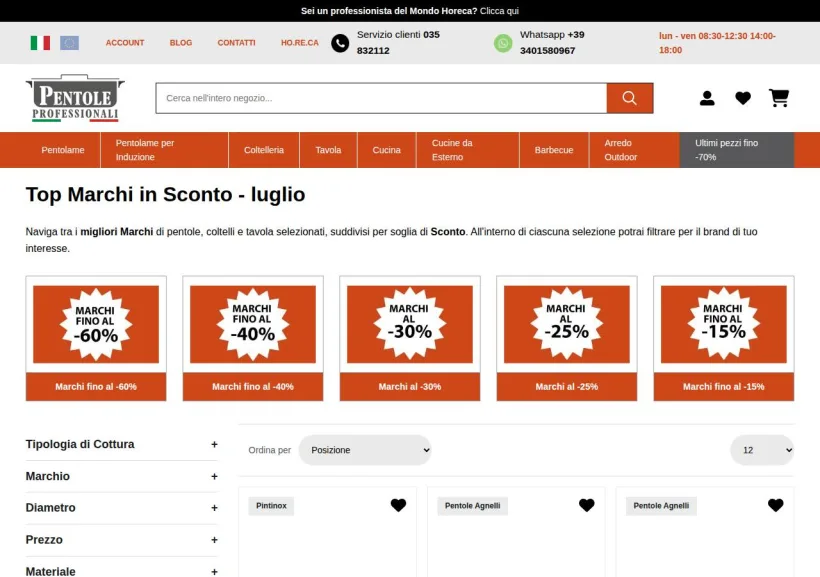 Schermata della pagina offerta di Pentole Professionali