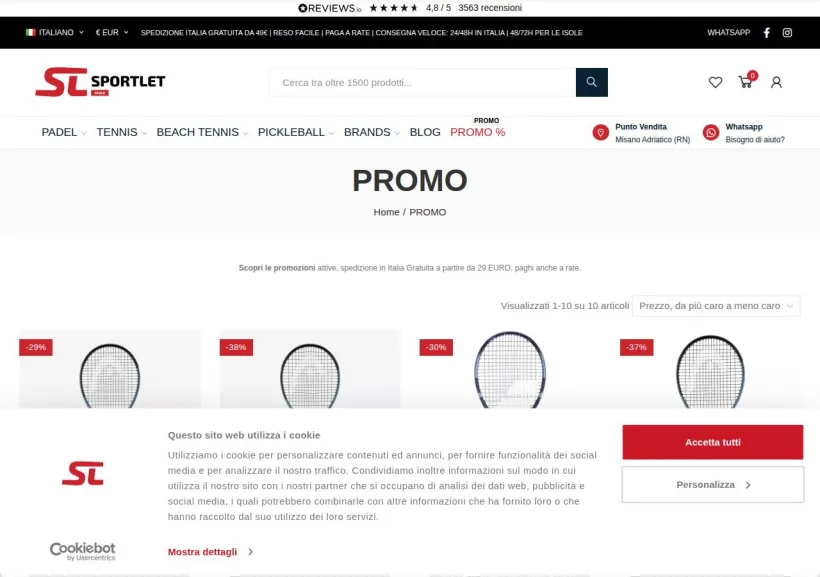Schermata della pagina offerta di SPORTLET - Sport di racchetta