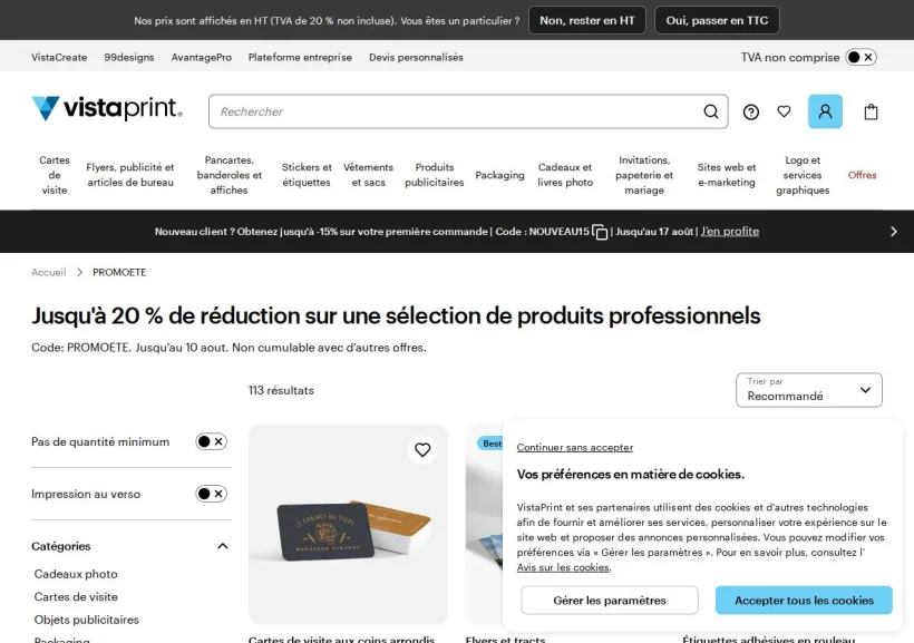 Schermata della pagina offerta di Vistaprint